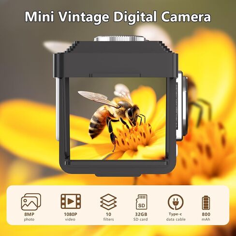 Mini Vintage Digital Camera - 1080P FHD Retro TLR Style Point and Shoot Auto Focus, Compact & Portable Volgging Camera with 32GB Card, Ideal for Birthday Gifts, Beginners, Teens in Kuwait