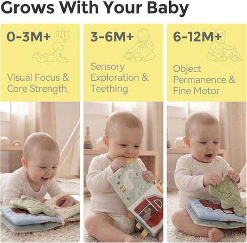 Mamimami Home Soft Baby Book with Teether & Mirror, Sensory Crinkle Cloth Books for Babies 0-12 Months, Montessori Farm Animal Tummy Time Toys, Portable Busy Book, Infant Toy for Newborn Shower Gift in Kuwait