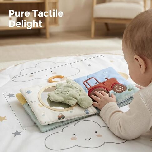 Mamimami Home Soft Baby Book with Teether & Mirror, Sensory Crinkle Cloth Books for Babies 0-12 Months, Montessori Farm Animal Tummy Time Toys, Portable Busy Book, Infant Toy for Newborn Shower Gift in Kuwait