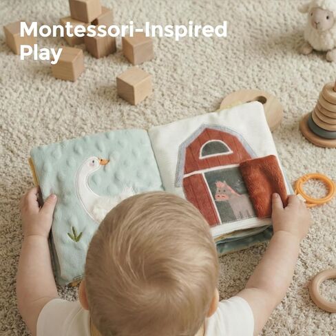 Mamimami Home Soft Baby Book with Teether & Mirror, Sensory Crinkle Cloth Books for Babies 0-12 Months, Montessori Farm Animal Tummy Time Toys, Portable Busy Book, Infant Toy for Newborn Shower Gift in Kuwait