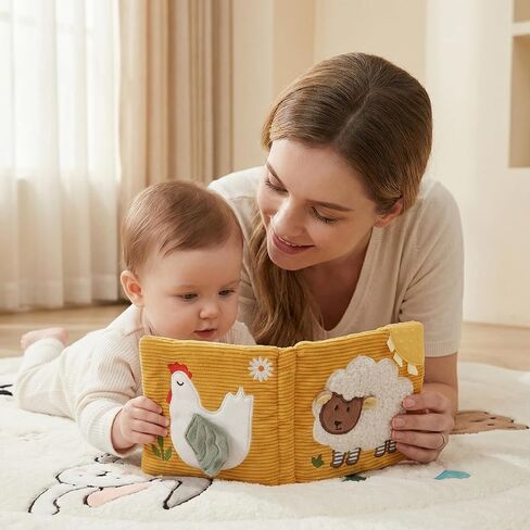 Mamimami Home Soft Baby Book with Teether & Mirror, Sensory Crinkle Cloth Books for Babies 0-12 Months, Montessori Farm Animal Tummy Time Toys, Portable Busy Book, Infant Toy for Newborn Shower Gift in Kuwait