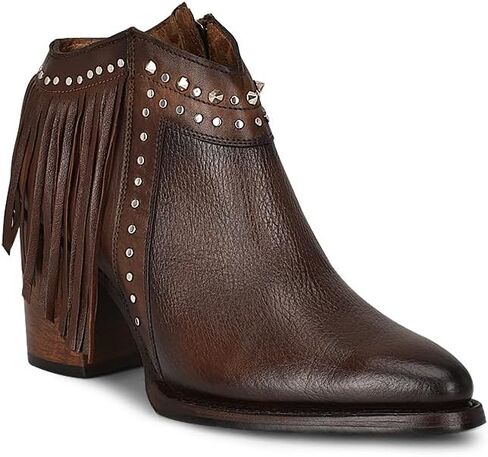 حذاء Cuadra Western Ankle Bootie، جلد بني، تفاصيل مهدبة، تصميم مرصع، كعب كوبي 3.2 بوصة in Kuwait