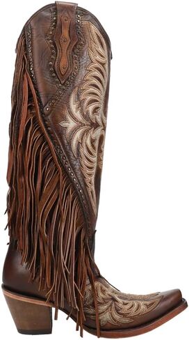Corral Boots Womens Eagle Embroidered Studded Fringe Tall Snip Toe Casual Boots Over the Knee Mid Heel 2-3" - Brown in Kuwait
