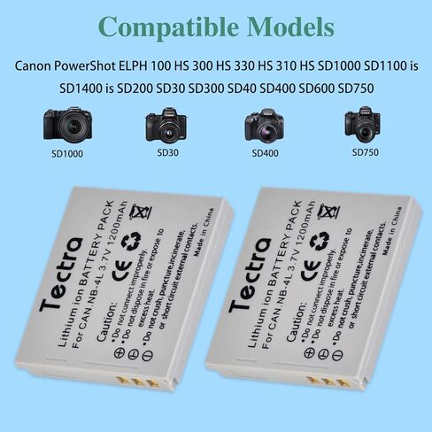 Tectra 2-Pack NB-4L NB4L Battery and Dual Charger for Canon Powershot ELPH 330 HS, 310 HS, 300 HS, 100 HS, SD400, SD450, SD600, SD630, SD750, SD780, SD1000, SD1100 is, SD1400 is in Kuwait