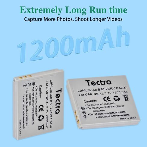 Tectra 2-Pack NB-4L NB4L Battery and Dual Charger for Canon Powershot ELPH 330 HS, 310 HS, 300 HS, 100 HS, SD400, SD450, SD600, SD630, SD750, SD780, SD1000, SD1100 is, SD1400 is in Kuwait