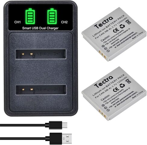 Tectra 2-Pack NB-4L NB4L Battery and Dual Charger for Canon Powershot ELPH 330 HS, 310 HS, 300 HS, 100 HS, SD400, SD450, SD600, SD630, SD750, SD780, SD1000, SD1100 is, SD1400 is in Kuwait