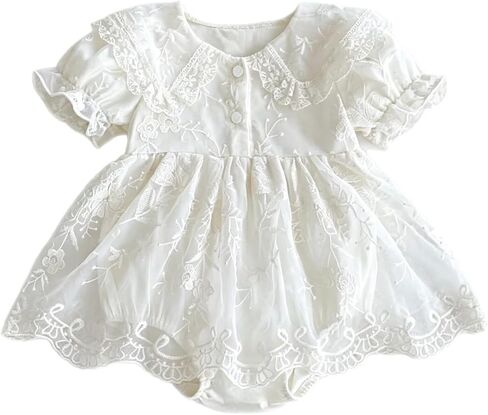 Baby Girl Lace Embroidered Romper Ruffle Collar Vintage Tulle Princess Dress One Piece Outfits for Baby Birthday in Saudi Arabia