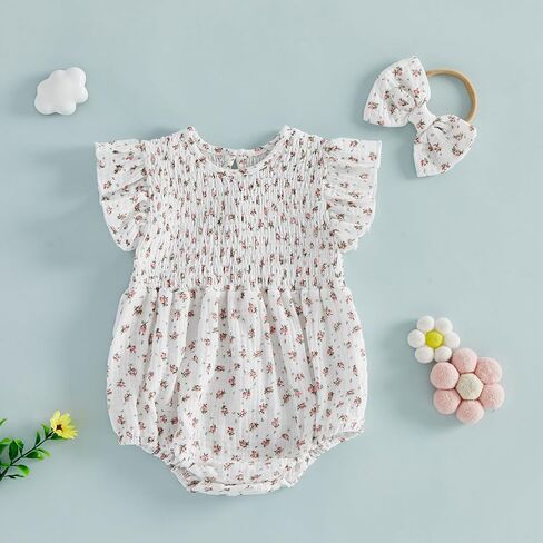 Newborn Infant Baby Girl Bubble Cotton Romper Fly Sleeve Print Bodysuit One Piece Jumpsuit Headband Summer Outfits in Saudi Arabia