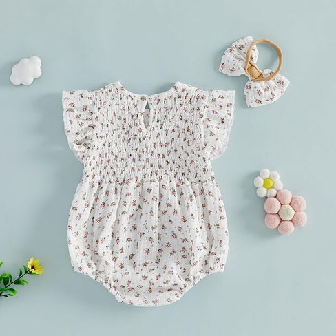 Newborn Infant Baby Girl Bubble Cotton Romper Fly Sleeve Print Bodysuit One Piece Jumpsuit Headband Summer Outfits in Saudi Arabia