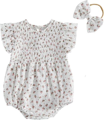 Newborn Infant Baby Girl Bubble Cotton Romper Fly Sleeve Print Bodysuit One Piece Jumpsuit Headband Summer Outfits in Saudi Arabia