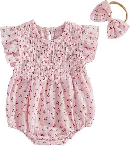 Newborn Infant Baby Girl Bubble Cotton Romper Fly Sleeve Print Bodysuit One Piece Jumpsuit Headband Summer Outfits in Saudi Arabia