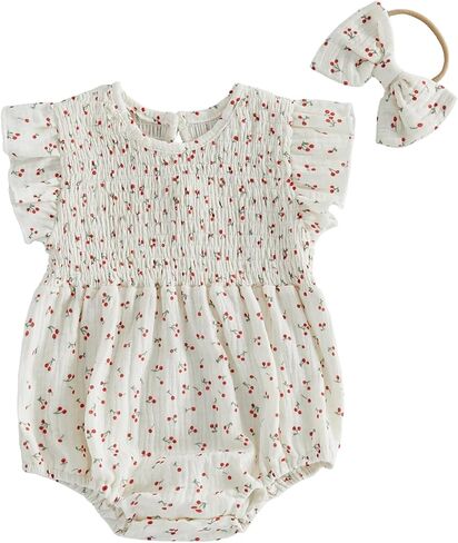 Newborn Infant Baby Girl Bubble Cotton Romper Fly Sleeve Print Bodysuit One Piece Jumpsuit Headband Summer Outfits in Saudi Arabia