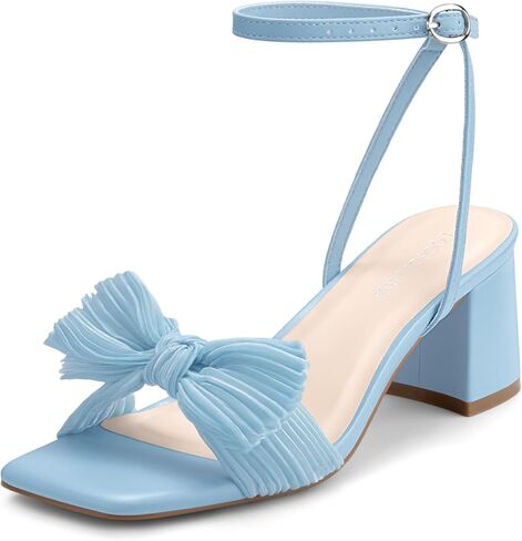 Women's Bow Knot Low Block Chunky Heeled Sandals Square Open Toe Ankle Buckle Strap Bride Wedding Party Shoes in Kuwait