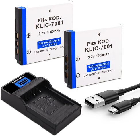 2 حزمة بطارية KLIC-7001 مع شاحن سريع نحيف متوافق مع Kodak EasyShare V550، V570، V610، V705، V750، M320، M340، M341، M753 Zoom، M763، M853 Zoom، M863، M893 is، M1063 كاميرات رقمية 1500 مللي أمبير في الساعة in Kuwait