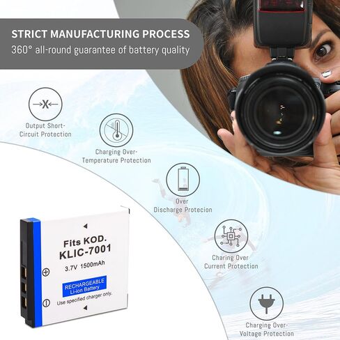 2 حزمة بطارية KLIC-7001 مع شاحن سريع نحيف متوافق مع Kodak EasyShare V550، V570، V610، V705، V750، M320، M340، M341، M753 Zoom، M763، M853 Zoom، M863، M893 is، M1063 كاميرات رقمية 1500 مللي أمبير في الساعة in Kuwait