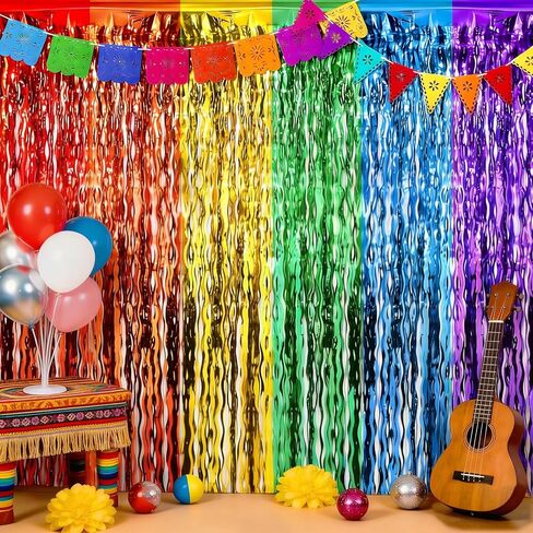 Cinco de Mayo Fiesta Party Decorations 2 Pack Include Wavy Metallic Tinsel Foil Fringe Backdrop Felt Cinco de Mayo Decor Banner for Dia De Los Muertos Taco Mexican Party Loteria Birthday Decor in Kuwait