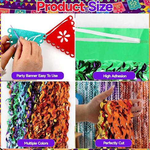Cinco de Mayo Fiesta Party Decorations 2 Pack Include Wavy Metallic Tinsel Foil Fringe Backdrop Felt Cinco de Mayo Decor Banner for Dia De Los Muertos Taco Mexican Party Loteria Birthday Decor in Kuwait