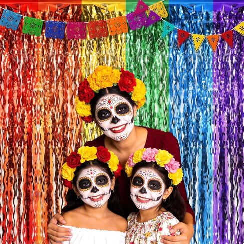 Cinco de Mayo Fiesta Party Decorations 2 Pack Include Wavy Metallic Tinsel Foil Fringe Backdrop Felt Cinco de Mayo Decor Banner for Dia De Los Muertos Taco Mexican Party Loteria Birthday Decor in Kuwait