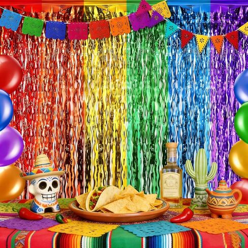 Cinco de Mayo Fiesta Party Decorations 2 Pack Include Wavy Metallic Tinsel Foil Fringe Backdrop Felt Cinco de Mayo Decor Banner for Dia De Los Muertos Taco Mexican Party Loteria Birthday Decor in Kuwait