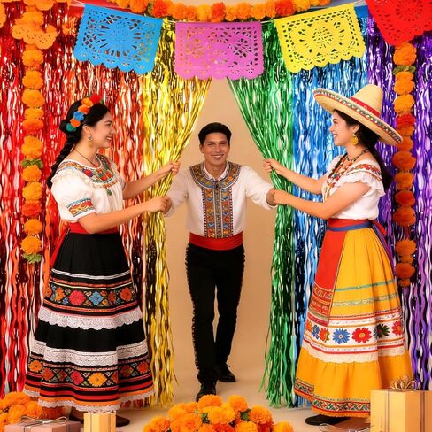Cinco de Mayo Fiesta Party Decorations 2 Pack Include Wavy Metallic Tinsel Foil Fringe Backdrop Felt Cinco de Mayo Decor Banner for Dia De Los Muertos Taco Mexican Party Loteria Birthday Decor in Kuwait