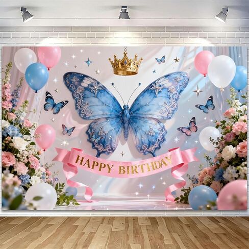 10x8ft فراشة عيد ميلاد سعيد خلفية الأزرق الوردي بالونات الزهور التصوير backdground الفتيات حفلة عيد ميلاد امرأة صورة الديكور كعكة الجدول راية صور بوث استوديو in Kuwait