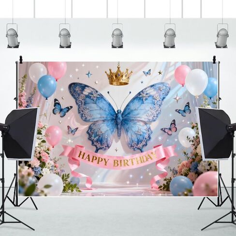 10x8ft فراشة عيد ميلاد سعيد خلفية الأزرق الوردي بالونات الزهور التصوير backdground الفتيات حفلة عيد ميلاد امرأة صورة الديكور كعكة الجدول راية صور بوث استوديو in Kuwait
