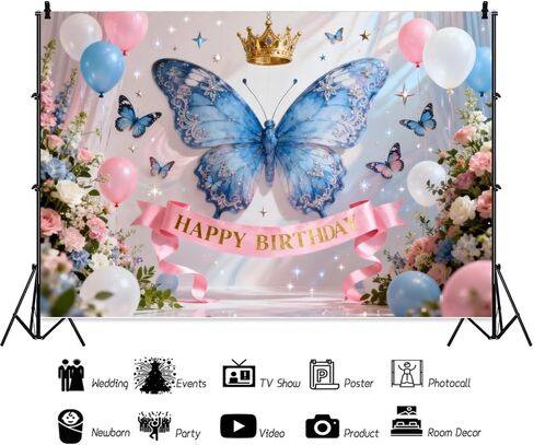 10x8ft فراشة عيد ميلاد سعيد خلفية الأزرق الوردي بالونات الزهور التصوير backdground الفتيات حفلة عيد ميلاد امرأة صورة الديكور كعكة الجدول راية صور بوث استوديو in Kuwait