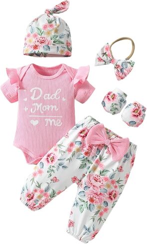 ChuYuKu Newborn Girl Mother’s Day Outfit 5Pcs, Coming Home Romper Flower Pants Set, Spring Summer Baby Hospital Clothes in Saudi Arabia