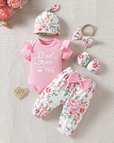 ChuYuKu Newborn Girl Mother’s Day Outfit 5Pcs, Coming Home Romper Flower Pants Set, Spring Summer Baby Hospital Clothes in Saudi Arabia