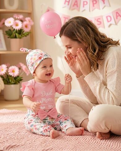 ChuYuKu Newborn Girl Mother’s Day Outfit 5Pcs, Coming Home Romper Flower Pants Set, Spring Summer Baby Hospital Clothes in Saudi Arabia
