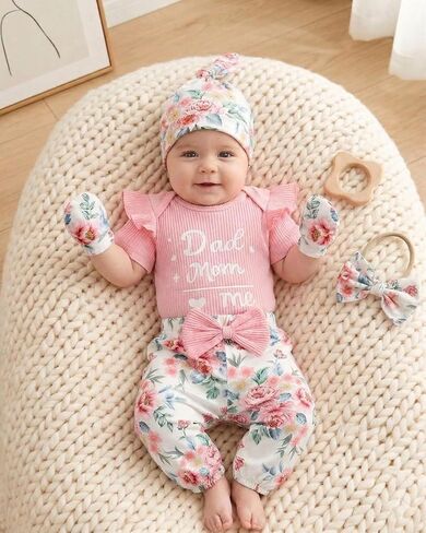 ChuYuKu Newborn Girl Mother’s Day Outfit 5Pcs, Coming Home Romper Flower Pants Set, Spring Summer Baby Hospital Clothes in Saudi Arabia
