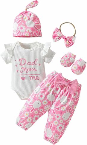 ChuYuKu Newborn Girl Mother’s Day Outfit 5Pcs, Coming Home Romper Flower Pants Set, Spring Summer Baby Hospital Clothes in Kuwait