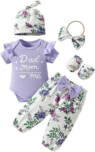 ChuYuKu Newborn Girl Mother’s Day Outfit 5Pcs, Coming Home Romper Flower Pants Set, Spring Summer Baby Hospital Clothes in Saudi Arabia