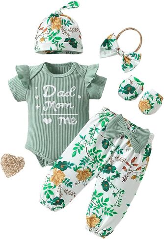 ChuYuKu Newborn Girl Mother’s Day Outfit 5Pcs, Coming Home Romper Flower Pants Set, Spring Summer Baby Hospital Clothes in Saudi Arabia