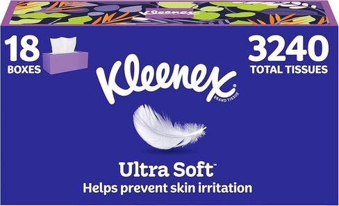 Kleenex Ultra Soft Facial Tissues, 18 Flat Boxes, 120 Tissues per Box, 3-Ply (2,160 Total Tissues), Packaging May Vary in Kuwait