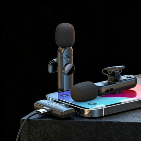 Mini Mic (2026 Wireless Lavalier Microphone for iPhone iPad Android, Dual Port for Video Recording, Crystal Clear Audio Mic for Content Creators and More (Black Color) in Kuwait