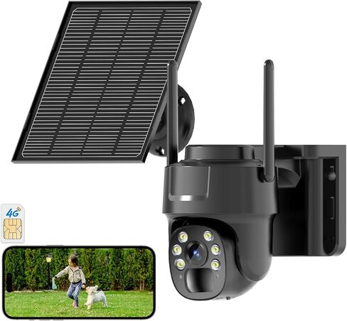 4G LTE Cellular Security Camera Wireless, No WiFi Needed Solar Wireless Outdoor Camera, PIR Motion Sensor, 2K HD Color Night Vision, Remote Access, 2-Way Audio, Pan and Tilt,Black in Kuwait