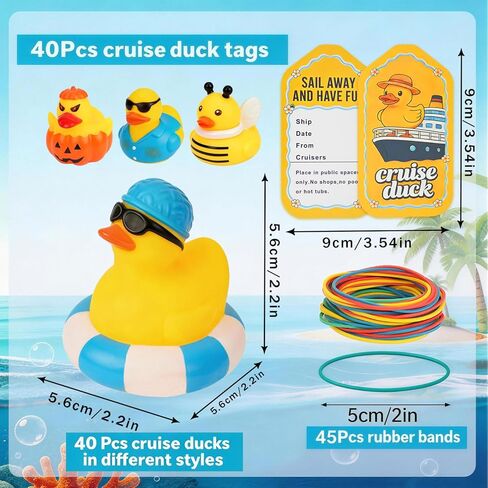 EKisemio 120pcs Cruise Ducks Kits Include 40 Rubber Ducks with 40 Cruising Duck Tags & 40 Rubber Bands, Rubber Ducks Bulk for Cruise Ship for Squeeze Games Classroom Prize Bath Toys and Party Favors in Kuwait