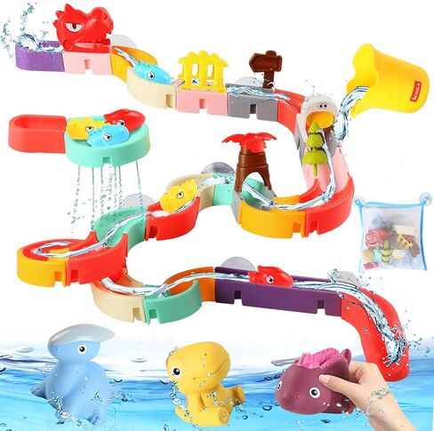 72 PCs Dinosaur Bath Toys DIY Water Slides Toy for Kids Ages 4-8, Bathtub Shower Toys with Rubber Dino Bath Toys for Kids Birthday Gifts in Kuwait