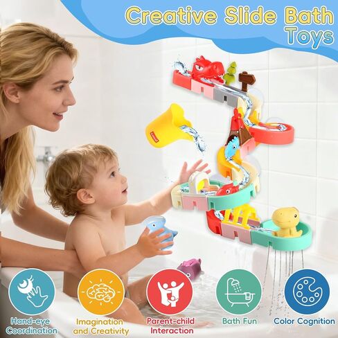 72 PCs Dinosaur Bath Toys DIY Water Slides Toy for Kids Ages 4-8, Bathtub Shower Toys with Rubber Dino Bath Toys for Kids Birthday Gifts in Kuwait