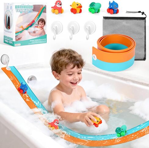 Race Car Bath Toys, Toddler Bathub Toy Set, 5 Ft Flexible Bath Race Track for Kids Ages 3+ , Cars Toy Gift for Baby Boys &Girls, Portable Rolls Up Race Tracks with 1 Mesh Storage Bag & 3 Suction Cup in Kuwait