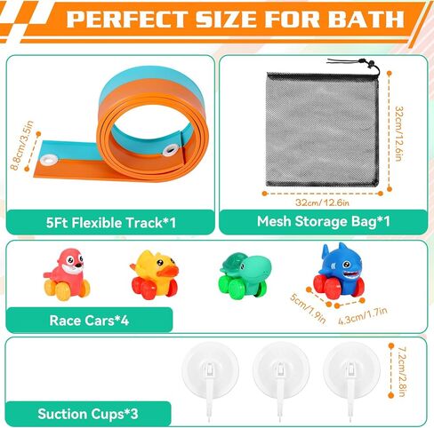 Race Car Bath Toys, Toddler Bathub Toy Set, 5 Ft Flexible Bath Race Track for Kids Ages 3+ , Cars Toy Gift for Baby Boys &Girls, Portable Rolls Up Race Tracks with 1 Mesh Storage Bag & 3 Suction Cup in Kuwait