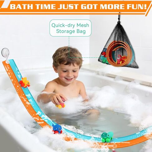 Race Car Bath Toys, Toddler Bathub Toy Set, 5 Ft Flexible Bath Race Track for Kids Ages 3+ , Cars Toy Gift for Baby Boys &Girls, Portable Rolls Up Race Tracks with 1 Mesh Storage Bag & 3 Suction Cup in Kuwait
