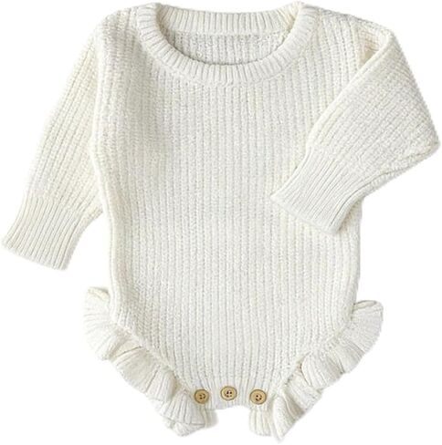 Baby Cotton Knit Romper, White Ribbed Ruffle Sleeve Bodysuit with Wooden Buttons, Newborn Size in Saudi Arabia