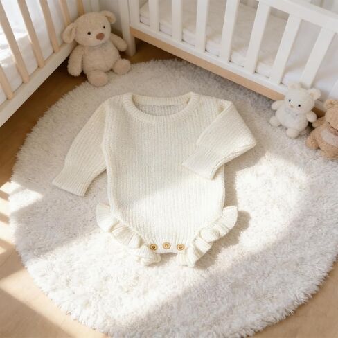 Baby Cotton Knit Romper, White Ribbed Ruffle Sleeve Bodysuit with Wooden Buttons, Newborn Size in Saudi Arabia