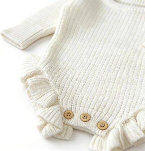 Baby Cotton Knit Romper, White Ribbed Ruffle Sleeve Bodysuit with Wooden Buttons, Newborn Size in Saudi Arabia