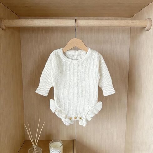 Baby Cotton Knit Romper, White Ribbed Ruffle Sleeve Bodysuit with Wooden Buttons, Newborn Size in Saudi Arabia