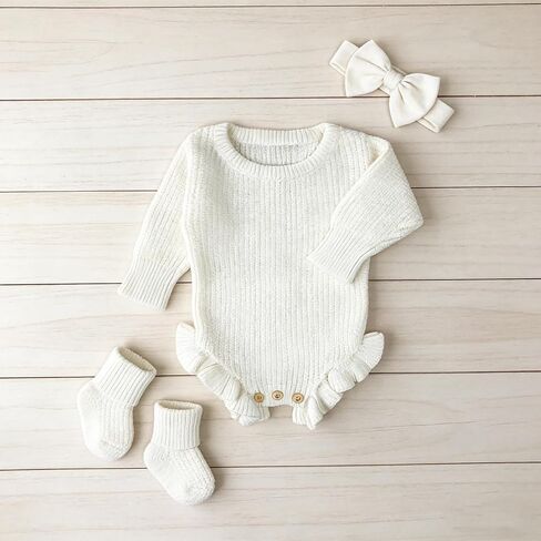 Baby Cotton Knit Romper, White Ribbed Ruffle Sleeve Bodysuit with Wooden Buttons, Newborn Size in Saudi Arabia
