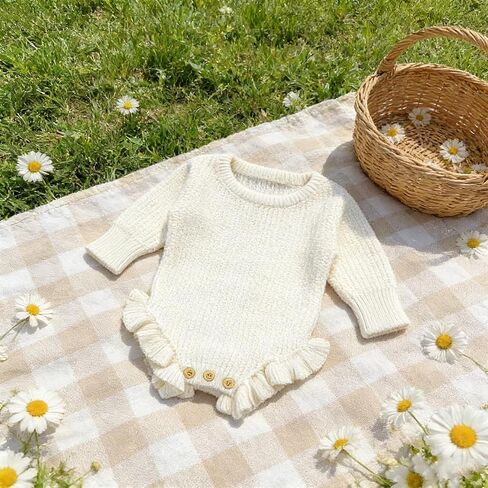 Baby Cotton Knit Romper, White Ribbed Ruffle Sleeve Bodysuit with Wooden Buttons, Newborn Size in Saudi Arabia