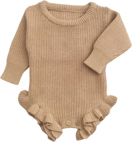 Baby Cotton Knit Romper, White Ribbed Ruffle Sleeve Bodysuit with Wooden Buttons, Newborn Size in Saudi Arabia